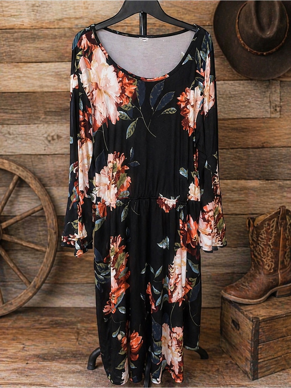 Desert Bloom Black Floral Long-Sleeve Dress